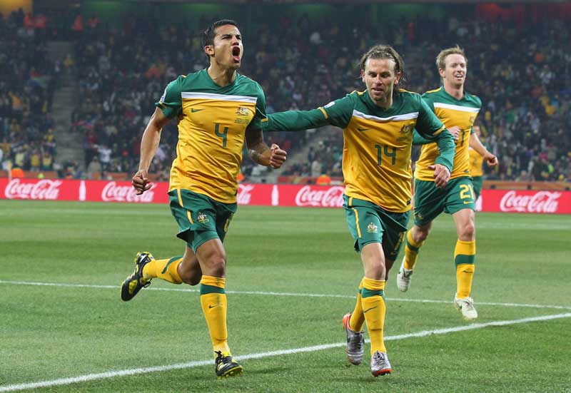 Tim Cahill celebrates his goal against Serbia.